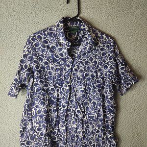 RALPH LAUREN WOMEN'S BUTTON SHIRT NAVY BLUE WHITE LARGE COTTON